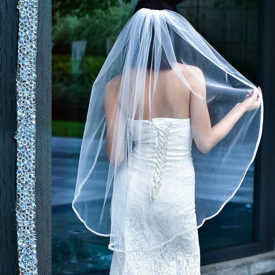 Strass-Schleier mit Kristallkante, einlagiger Brautschleier mit Kamm Weiß/Für Freundin Hochzeitsaccessoires