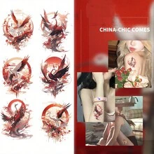 Pegatinas de tatuajes de clavícula de grulla de estilo chino colorido, 10 piezas/paquete, 10 estilos diferentes, realistas y sexy, colores delicados, adecuados para diversas ocasiones - Multicolor - Ver 3