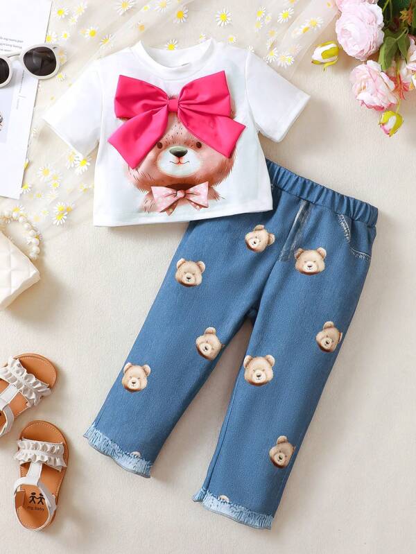 2pcs/Set Baby Girl Bear Print Short Sleeve Top With Bow Decor And Bear Print Pants