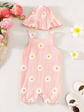 嬰兒女孩向日葵印花雙層荷葉邊爬服和帽子，可愛甜美的日常服裝，2件套組