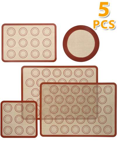 Cippes 5PCS Silicone Baking Mats Set, Non-Stick & Heat-Resistant, Reusable Silicone Bakeware Sheets Line For Microwave Oven, Baking Tray, Cookies, Macaron, Red, Rectangle, Square, Round