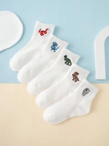 5 Pairs Of Interesting, Personalized, Cartoonish And Cute Basic Embroidered Dinosaur Pattern Children's Mid-Calf Socks, Sports Socks, All-Season Style, European And American Sizes, Comfortable, Breathable And Durable, Rich In Colors, Suitable For Daily Wear, Made Of High-Quality Fabric, Not Stuffy Feet. - White - View 1