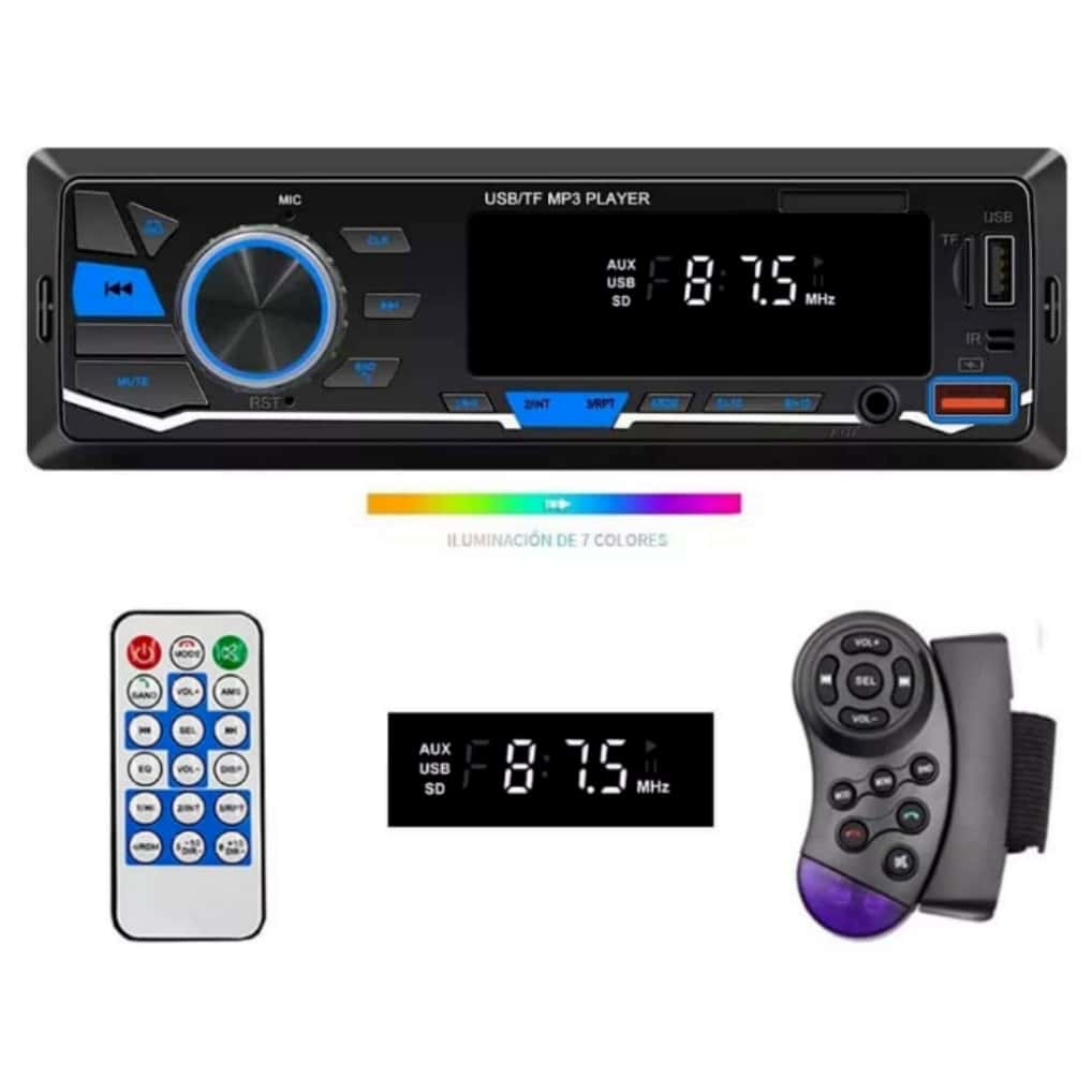 Auto Estereo Coche Reproductor Mp3 Radio Con Bt Aux Sd Doble-USB Control Volante 7 Colores RF2225 - Negro - Ver 1