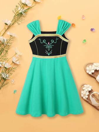Young Girl Mint Green Plant Print Dress With Thick Shoulder Straps And Spaghetti Straps