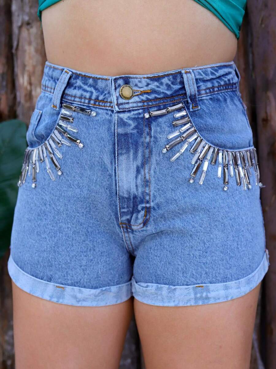 Women Denim Shorts - 中等水洗藍 - 查看 1