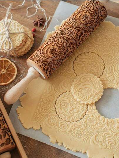 1pc, Embossing Wooden Rolling Pin, Engraved Embossing Rolling Pin With Snowflake Flower Pattern For Cookies