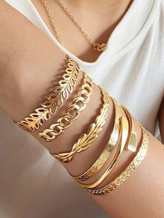 6 piezas de brazaletes abiertos vintage de metal mixto con hojas, corazones y estrellas para mujeres, accesorios apilables de moda personalizados para San Valentín, mamá, madre, Día de la Madre, regalo