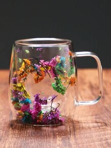 Double-Layer Glass Cup With Real Flowers, Highly Attractive And Creative Coffee Mug With Handle For Home, Internet Celebrity Flowing Sand Glass Cup With Dried Flowers