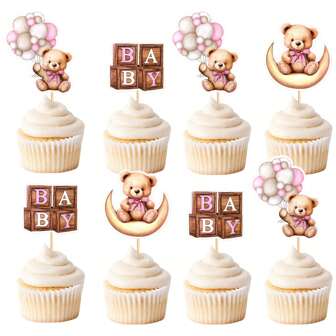 12 PCS Baby Shower Bear Cupcake Toppers Selection Baby Bear Theme Baby Shower Decorative Supplies Jungle Animal Theme Baby Shower Birthday Party Cake Decorative Supplies Pink,Christmas