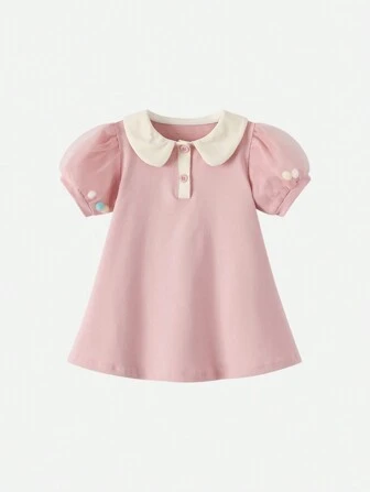 Young Girl Color Block Peter Pan Collar Dress With Pom Pom Decor, Mesh Spliced Bubble Sleeves