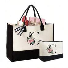 1 件/2 件，首字母帆布手提包附赠化妆包，个性化礼品包，适合婚礼、生日、海滩、节日、书包，是送给女性、妈妈、老师、朋友、伴娘、学生的绝佳礼物，大包，返校，简约大容量手提包，便携式休闲收纳手提包，多功能购物袋 - 黑與白 - 查看 20