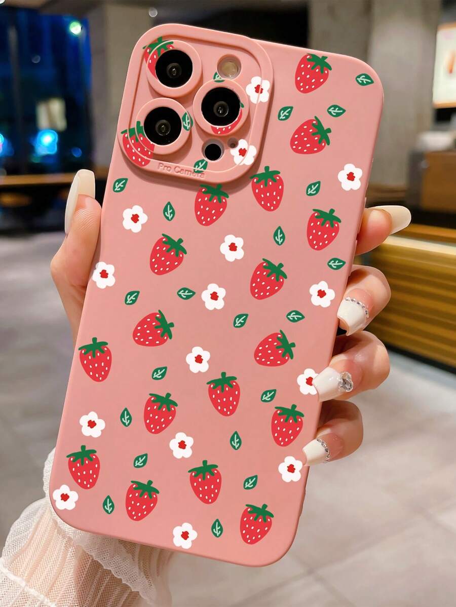 1pc Strawberry Flower Pattern Phone Case With Detachable Strap, Compatible With Apple, /Galaxy, Infinix, Redmi, OPPO, VIVO, Realme - Pink - View 1