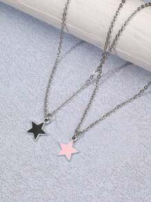 2pcs/Set Simple & Fashionable Black White Pink Star Pendant Couple Necklace, Men's And Women's Y2k Necklace Suit, Ins Star Necklace, Stainless Steel Chain Necklace Set - Silver - View 3