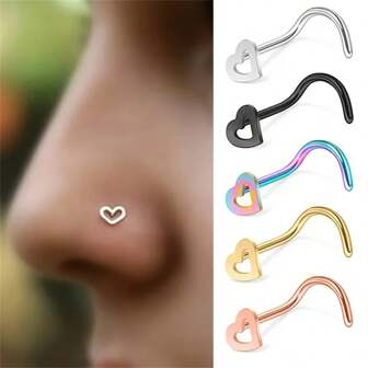 5pcs 316L Stainless Steel Hollow Heart Nose Stud Set For Women Girl,Hypoallergenicity Nariz Pin Screw Bodye Piercing Jewelry Suitable For Daily Parties Wearing