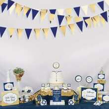 1pc Navy Blue Gold And Beige Party Decorations Royal Blue Gold Triangle Flag Pennant Banner Bunting For Graduation Birthday Wedding Shower Nautical Party Decorations Supplies