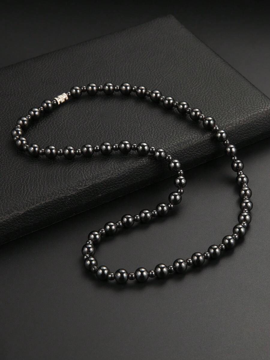 1pc Stylish Retro Magnetic Black Onyx Beaded Necklace Suitable For Men And Women Daily Wear - Black - View 1