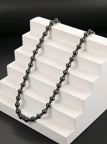 1pc Stylish Retro Magnetic Black Onyx Beaded Necklace Suitable For Men And Women Daily Wear - Black - View 2