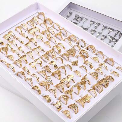 20pcs Simple Cutout Stainless Steel Men And Women Ring Set Women Jewelry Suitable For Daily Wear