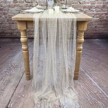 1入組28ft*118ft (72cm*300cm)珍珠網紗桌旗，適用於婚禮拱門裝飾、浪漫新娘晚宴、節日生日派對等。 - 香檳色 - 查看 3