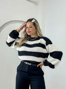 Blusa feminina casaco de frio listrado trico tendencia outono inverno