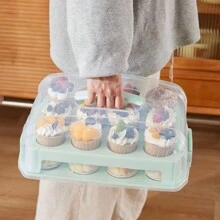 1pc Cupcake Carrier Box, Portable Multi-Layer Cake Holder For Baking Party Supplies - Green - View 1