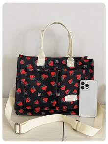 Túi xách in hình dâu tây dễ thương và ngọt ngào, Túi đeo chéo, Túi học sinh, Cặp tài liệu, Túi du lịch, Túi ăn trưa, Túi mới cho mẹ - màu đen - Xem 6