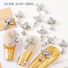 60pcs Classic European And American Style Luxury Metal Cross Pendants + 3 Styles Of Silver Y2K Vintage Style Cross Nail Jewelry For Dark Gothic Fake Nails Decor Set DIY Nail Charms Nail Gems Nail Supplies Punk Nail Art
