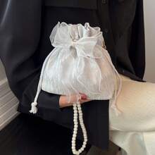 1pc Fashionable And Elegant  Made Of Polyester Fabric With Bow Decoration  Drawstring Opening And Closing  Beaded Chain Shoulder Strap  Women's Crossbody Bag For Banquet& Party& Wedding
