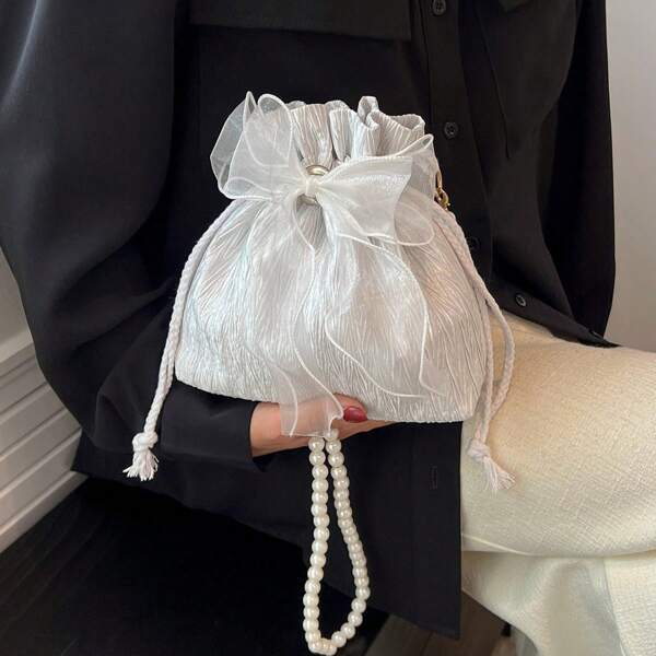 1pc Fashionable And Elegant  Made Of Polyester Fabric With Bow Decoration  Drawstring Opening And Closing  Beaded Chain Shoulder Strap  Women's Crossbody Bag For Banquet& Party& Wedding