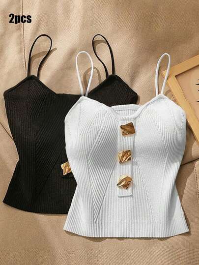 2pcs/Set Summer Thin Fashionable Black & White Camisole, Can Be Worn As Underwear Or Outerwear