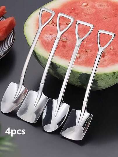 4pcs Stainless Steel Watermelon Dessert Ice Cream Spoons - Portable Outdoor Camping Watermelon Spoon And Picnic Cutlery And Shovel Spoon Kit