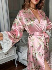 3 Pieces Women's Elegant Satin Belt Contrast Lace Pajamas Set With Sexy Lace Bralette And Soft Robe - 粉色 - 查看 4