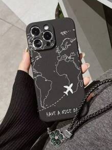 1pc Straight Edge World Map Airplane Line Design Protective Phone Case With Handmade Woven Lanyard Compatible With IPhone XR/7/8, IPhone 15 Pro Max, IPhone 13, IPhone 14, IPhone 11, Galaxy S22, Galaxy A13 4G, Galaxy A52, Galaxy A52s 5G, Redmi Note 11, 11 Lite