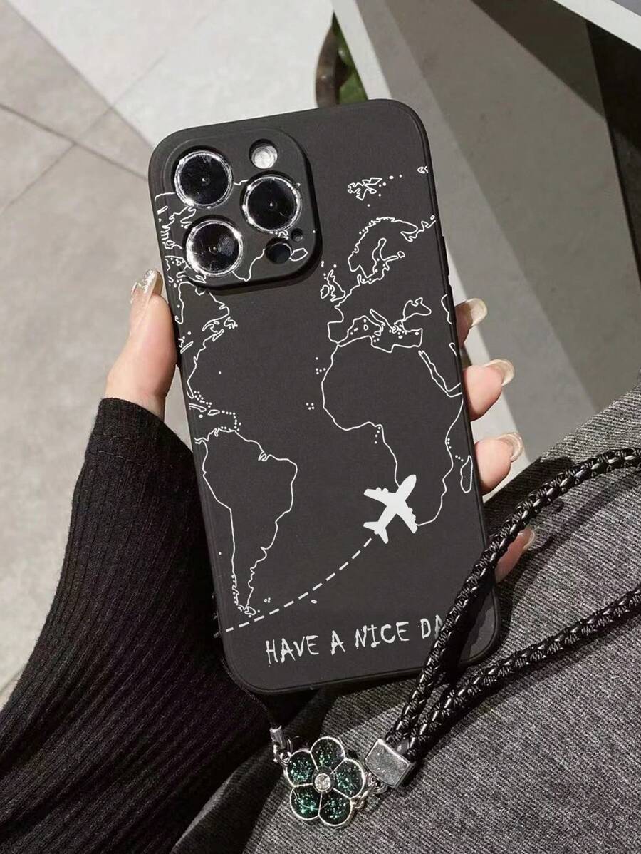 1pc Straight Edge World Map Airplane Line Design Protective Phone Case With Handmade Woven Lanyard Compatible With IPhone XR/7/8, IPhone 15 Pro Max, IPhone 13, IPhone 14, IPhone 11, Galaxy S22, Galaxy A13 4G, Galaxy A52, Galaxy A52s 5G, Redmi Note 11, 11 Lite