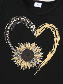 Young Girls' Summer Casual Heart & Flower Printed Short Sleeve T-Shirt And Shorts Set - Black - View 3