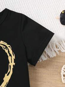 Young Girls' Summer Casual Heart & Flower Printed Short Sleeve T-Shirt And Shorts Set - Black - View 4