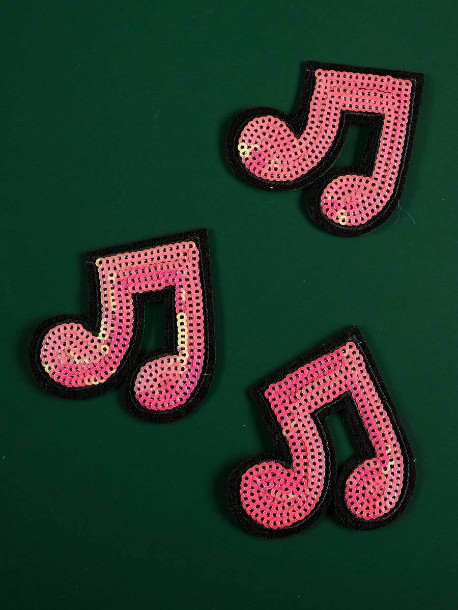 一套3個閃爍音符刺繡縫章，DIY衣服、褲子、帽子、袋子、鞋子、手機殼裝飾貼紙，服裝配件，熱轉印貼紙 - 彩色 - 查看 1