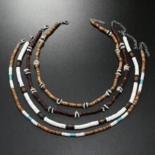 Conjunto de 4 piezas de collar de estilo bohemio de playa con conchas de coco y mar, adecuado para uso diario de hombres
