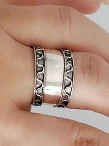 1入歐美復古風格實心銀凹紋紋理環，緩解壓力的極簡時尚款環 - 銀色 - 查看 4