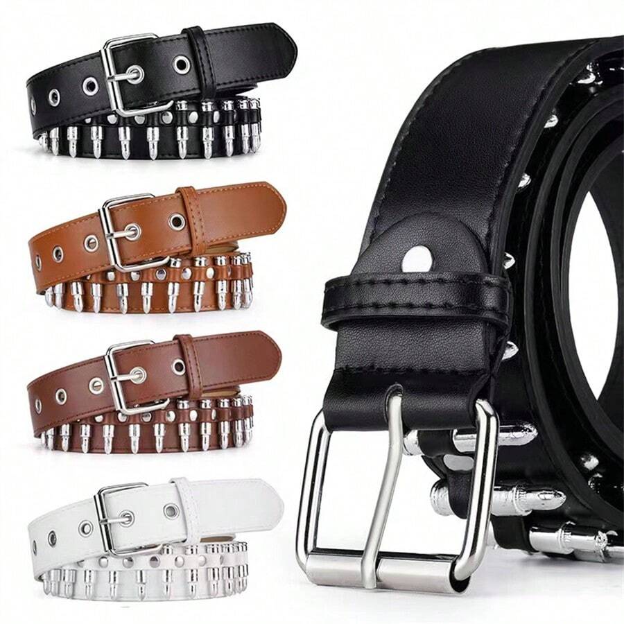 A Bullet Rivet Belt, Punk Rivet Belt Black Leather Rock Belt With Silver Bullets, The Same Style For Men And Women, The First Choice For Gifts - Multicolor - View 1