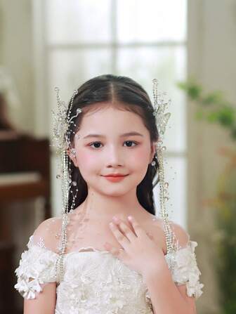 2pcs Kids Iridescent Crystal Butterfly Tassel Hair Clips, Elegant Hair Accessories For Girls, Suitable For Dresses And Photoshoots