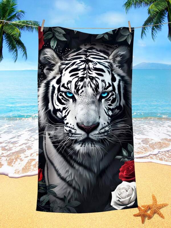 1 Pieza Toalla de playa con estampado de tigre, toalla ultra fina de fibra impresa de secado rápido y absorbente adecuada para natación, vacaciones, viajes, campamentos al aire libre, verano, viajes, vacaciones, decoración de baño, artículos esenciales de playa