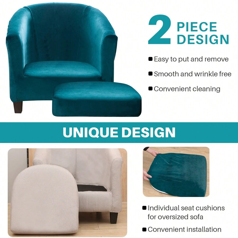 2Pcs/Set Stretch Tub Chair Covers Club Velvet Armchair Slipcovers For Dining Home Living Room Club Bar Chair Slipcovers - Teal Blue - View 1