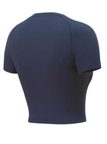 Women's Quick Dry Compression Workout T-Shirt With Short Sleeves, Round Neck And Open Belly Design For Running And Fitness Training Gym Top Tight Shirts