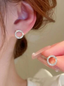1pair Fashionable Simple Small Circle & Cz Stud Earrings Suitable For Women's Daily Wear