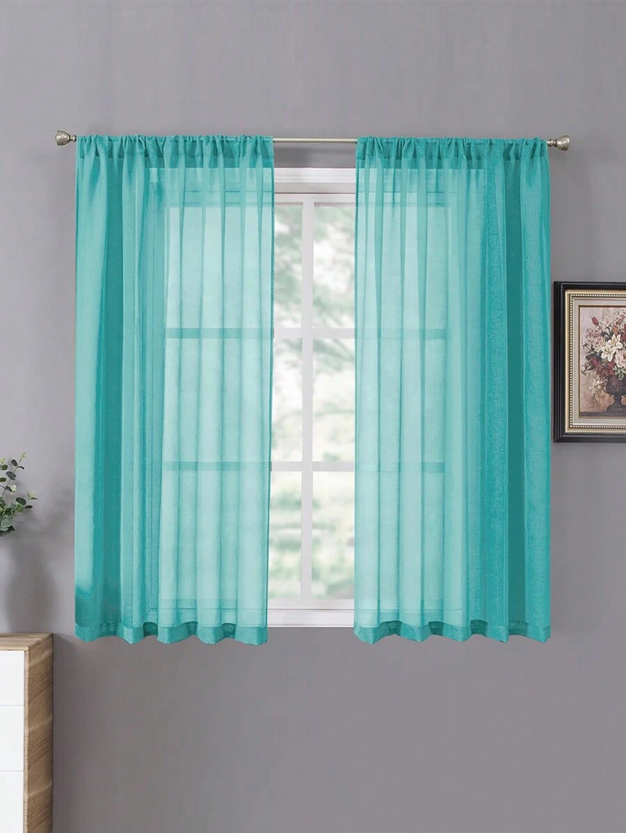 2 Panels Solid Color Window Sheer, Removable Translucent Decorative Curtain, Bedroom Living Room Privacy Curtain - malachite green - View 1