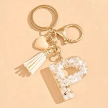 树脂字母钥匙扣，配心形流苏吊坠和龙虾扣，情人节礼物，女士钥匙扣单品装饰，爱情主题 - 送给朋友的理想之选。汽车配饰，包袋，魅力学院风，可爱哥特风，Y2K风格