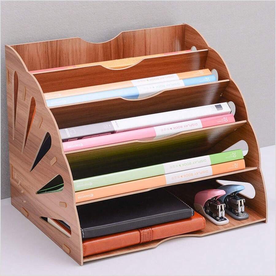 Wood Desk Organizer Paper File Folder Mail Sorter Tray Office File Storage Rack - Multicolor - View 1