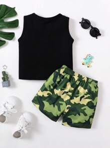 BrownBark Kleine Jungen 2 Stücke Dinosaurier Grafik Muster Weste + Camouflage Shorts Set, lässig bequem süß, Sommer Outfit, geeignet für Alltag und Outdoor-Tragen