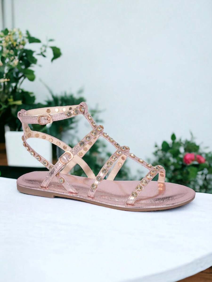Women's Studded Strappy Design Flat Sandals With Adjustable Ankle Strap. Casual Flat Sandals With Studs With Easy Adjustment. Shiny Sandals With Studs For Versatile And Casual Spring. - Pink - View 1
